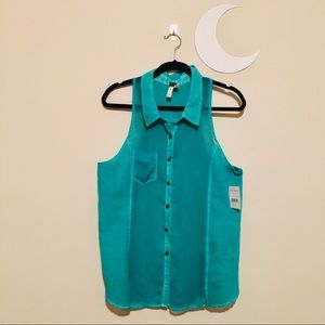 NWT Free People Sheer Teal Aqua Button Tank